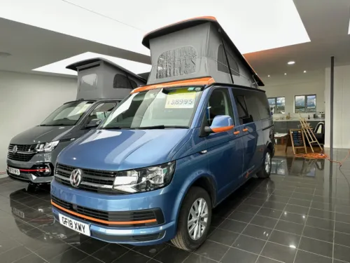 Photo 1 of 2018 18 REG VV T6 TRANSPORTER WITH AIR CON 102PS SWB BARN DOORS – CAMPERVAN CONVERSION