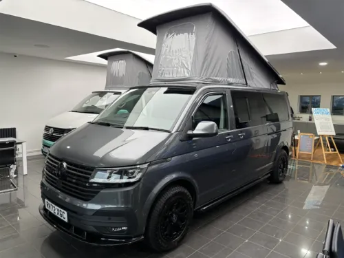 Photo 1 of 2022 72 REG VW T6.1 (T32) 150DSG HIGHLINE LWB BARN DOORS – REAR CAMERA, LED LIGHTS, HEATED SEATS, NAV MEDIA – 6 SEATER CAMPERVAN CONVERSION