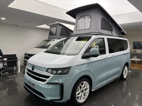 Photo 1 of 2025 75 REG VW T7 150PS 8SP AUTO COMMERCE SWB BARN DOORS – TWO TONE CLEAR WHITE/STONE BLUE – BRAND NEW CAMPERVAN CONVERSION – MOBIFRAME 112CM SLIDING BED