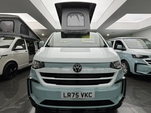 Photo 2 of 2025 75 REG VW T7 150PS 8SP AUTO COMMERCE SWB BARN DOORS – TWO TONE CLEAR WHITE/STONE BLUE – BRAND NEW CAMPERVAN CONVERSION – MOBIFRAME 112CM SLIDING BED