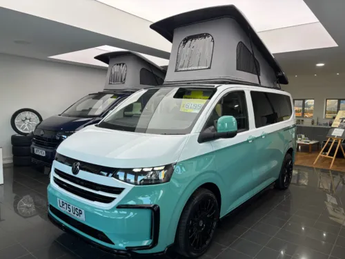 Photo 1 of 2025 75 REG VW T7 150PS 8SP AUTO COMMERCE SWB BARN DOORS – TWO TONE CLEAR WHITE/AQUAMARINE – BRAND NEW CAMPERVAN CONVERSION – FIXED RIB BED