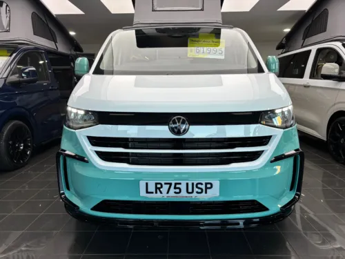 Photo 2 of 2025 75 REG VW T7 150PS 8SP AUTO COMMERCE SWB BARN DOORS – TWO TONE CLEAR WHITE/AQUAMARINE – BRAND NEW CAMPERVAN CONVERSION – FIXED RIB BED