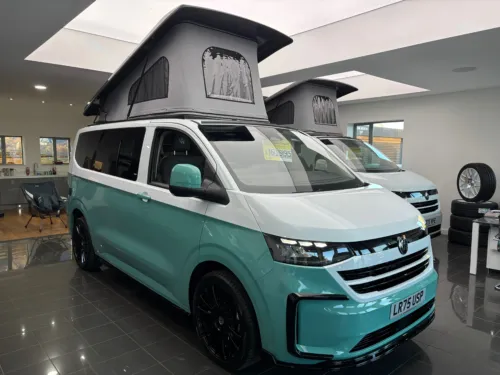 Photo 3 of 2025 75 REG VW T7 150PS 8SP AUTO COMMERCE SWB BARN DOORS – TWO TONE CLEAR WHITE/AQUAMARINE – BRAND NEW CAMPERVAN CONVERSION – FIXED RIB BED