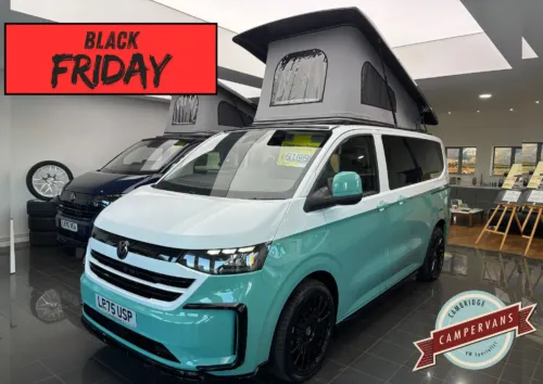 Photo of 2025 75 REG VW T7 150PS 8SP AUTO COMMERCE SWB BARN DOORS – TWO TONE CLEAR WHITE/AQUAMARINE – BRAND NEW CAMPERVAN CONVERSION – FIXED RIB BED