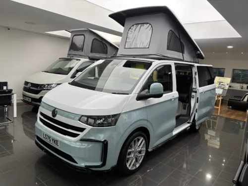 Photo 1 of 2025 75 REG VW T7 150PS 8SP AUTO COMMERCE SWB BARN DOORS – TWO TONE CLEAR WHITE/STONE BLUE – BRAND NEW CAMPERVAN CONVERSION – FIXED RIB BED