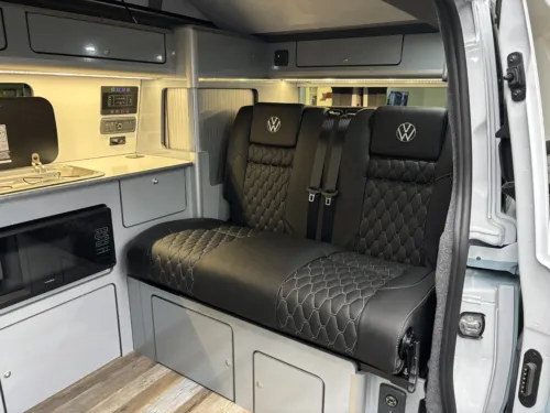 Photo 2 of 2025 75 REG VW T7 150PS 8SP AUTO COMMERCE SWB BARN DOORS – TWO TONE CLEAR WHITE/STONE BLUE – BRAND NEW CAMPERVAN CONVERSION – FIXED RIB BED