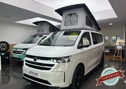 Photo of 2025 75 REG VW T7 150PS 8SP AUTO COMMERCE SWB BARN DOORS – TWO TONE CLEAR WHITE/ASCOT GREY – BRAND NEW CAMPERVAN CONVERSION – MOBIFRAME 112CM SLIDING BED – PLUS WATER HEATER!