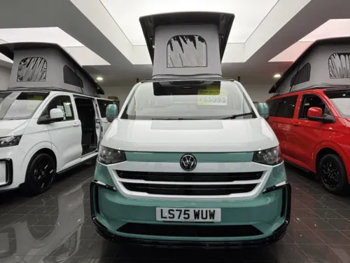 Photo 1 of 2025 75 REG VW T7 150PS 8SP AUTO COMMERCE SWB BARN DOORS – TWO TONE CLEAR WHITE/AQUAMARINE – BRAND NEW CAMPERVAN CONVERSION – MOBIFRAME 112CM SLIDING BED