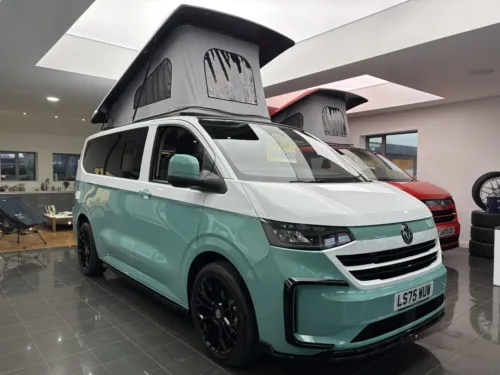 Photo 2 of 2025 75 REG VW T7 150PS 8SP AUTO COMMERCE SWB BARN DOORS – TWO TONE CLEAR WHITE/AQUAMARINE – BRAND NEW CAMPERVAN CONVERSION – MOBIFRAME 112CM SLIDING BED