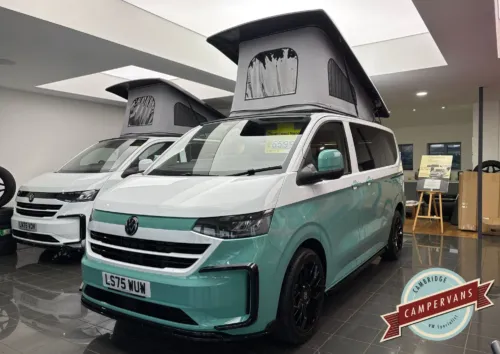 Photo of 2025 75 REG VW T7 150PS 8SP AUTO COMMERCE SWB BARN DOORS – TWO TONE CLEAR WHITE/AQUAMARINE – BRAND NEW CAMPERVAN CONVERSION – MOBIFRAME 112CM SLIDING BED