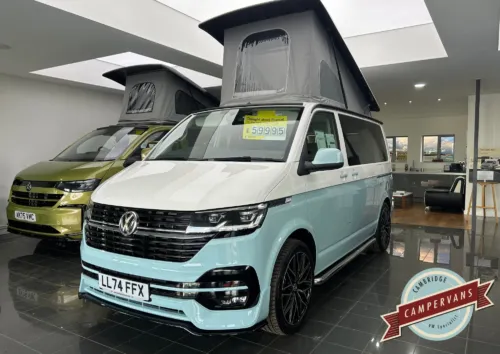 Photo of 2024 74 REG VW T6.1 HIGHLINE 150PS 6SP MANUAL TAILGATE – LED LIGHTS, REAR CAMERA, HEATED SEATS – CANDY WHITE/STONE BLUE