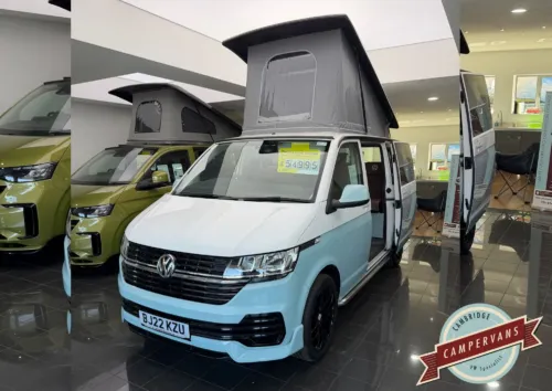 Photo of 2022 22 REG VW T6.1 150DSG AUTOMATIC, BUSINESS PACK, SWB, TAILGATE – CAMPERVAN CONVERSION – STONE BLUE & CANDY WHITE